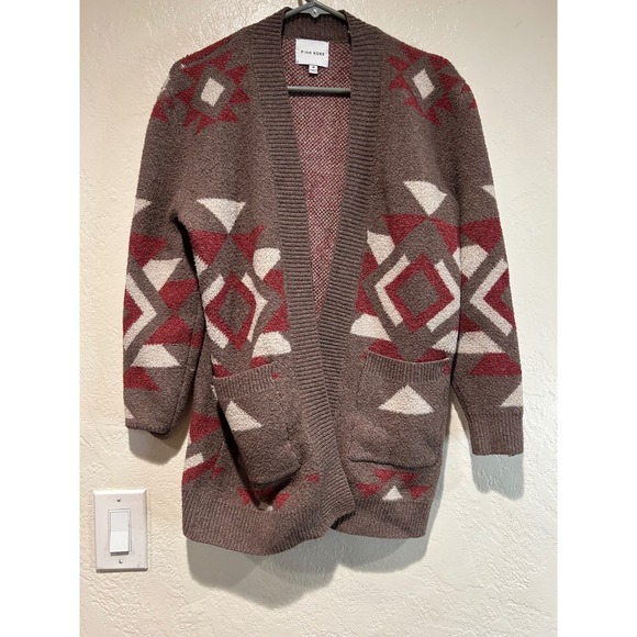 Pink Rose Sweaters - PINK ROSE Aztec Geometric Knit Cardigan‎ Sweater Brown Red White Size M